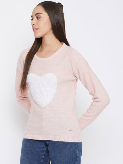 Pink Self Design Round Neck Sweater - Women Sweaters