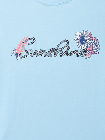 Blue Printed Round Neck T-Shirt - Girls T-Shirts