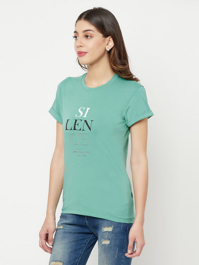 Mint Green Printed Round Neck T-Shirt - Women T-Shirts