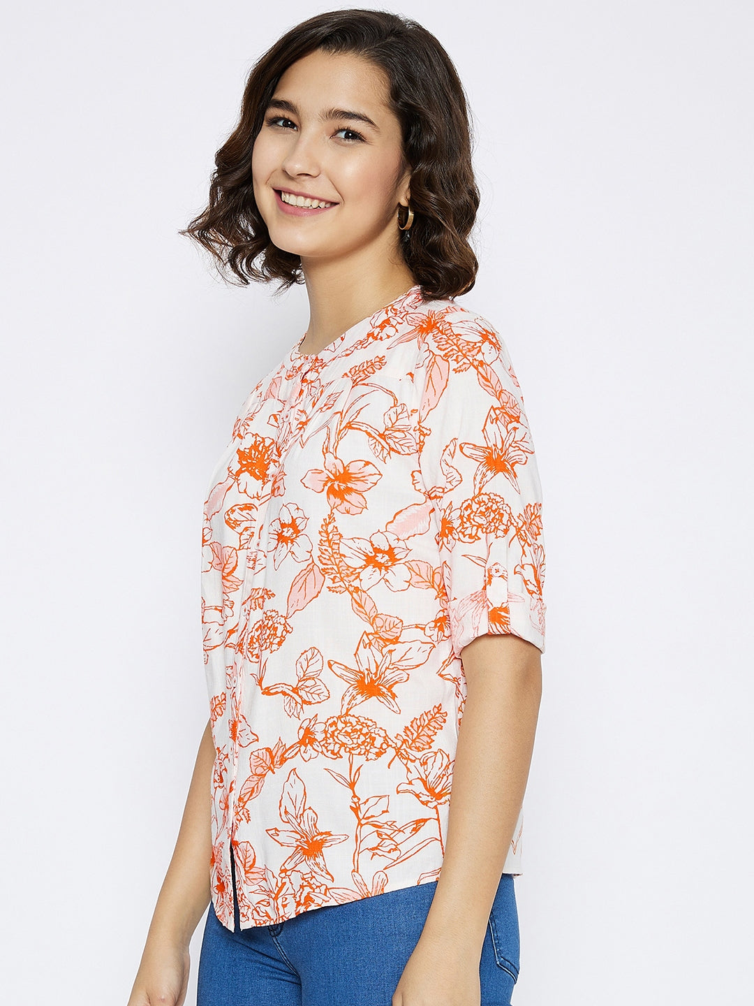Orange Floral Printed Top - Women Tops
