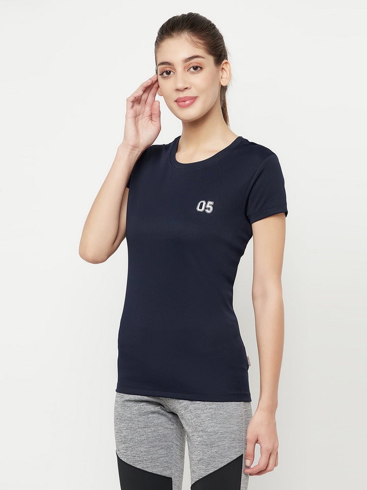Navy Blue Round Neck Sports T-Shirt - Women T-Shirts
