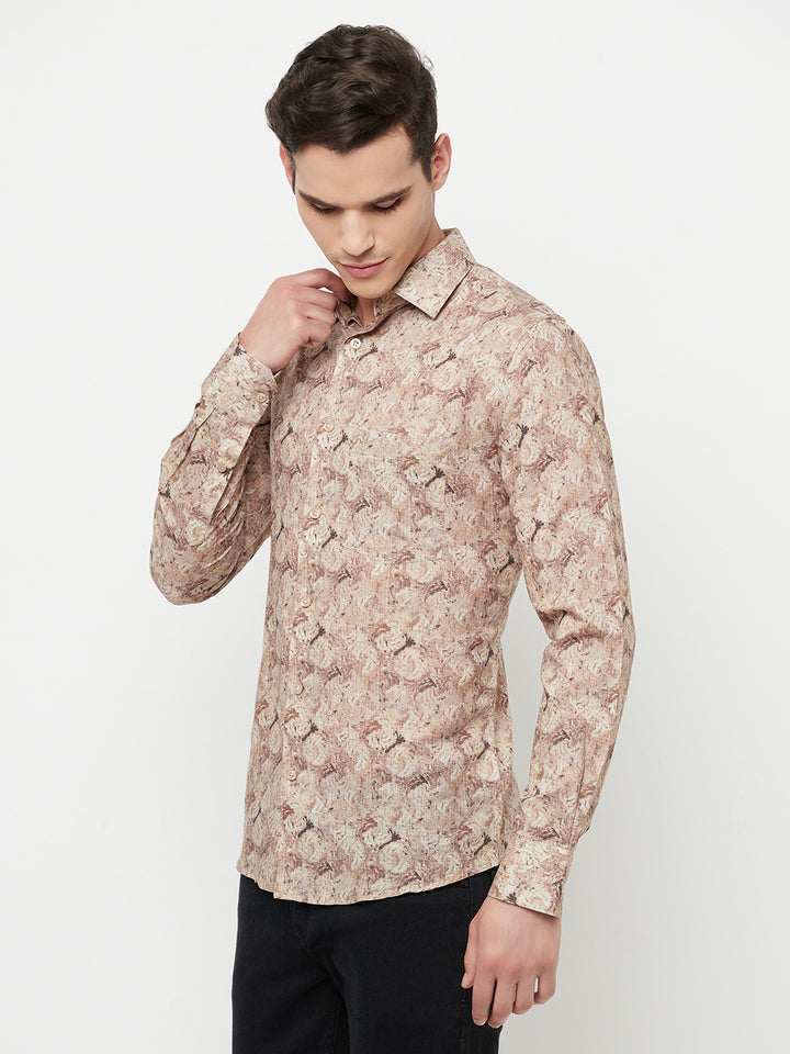 Beige Printed Linen Shirt - Men Shirts