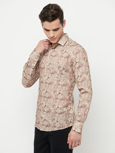 Beige Printed Linen Shirt - Men Shirts