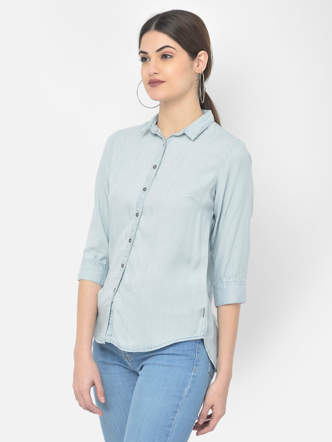 Blue Spread Collar Shirt - Women Shirts