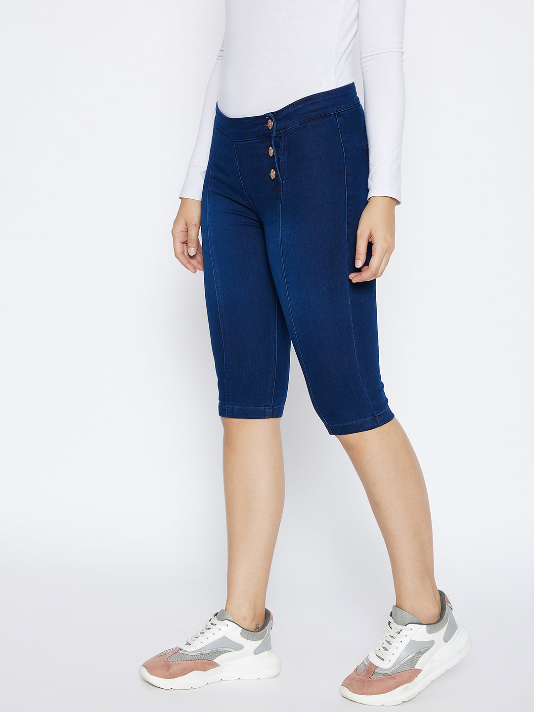 Navy Blue Slim Fit Denim Shorts - Women Shorts