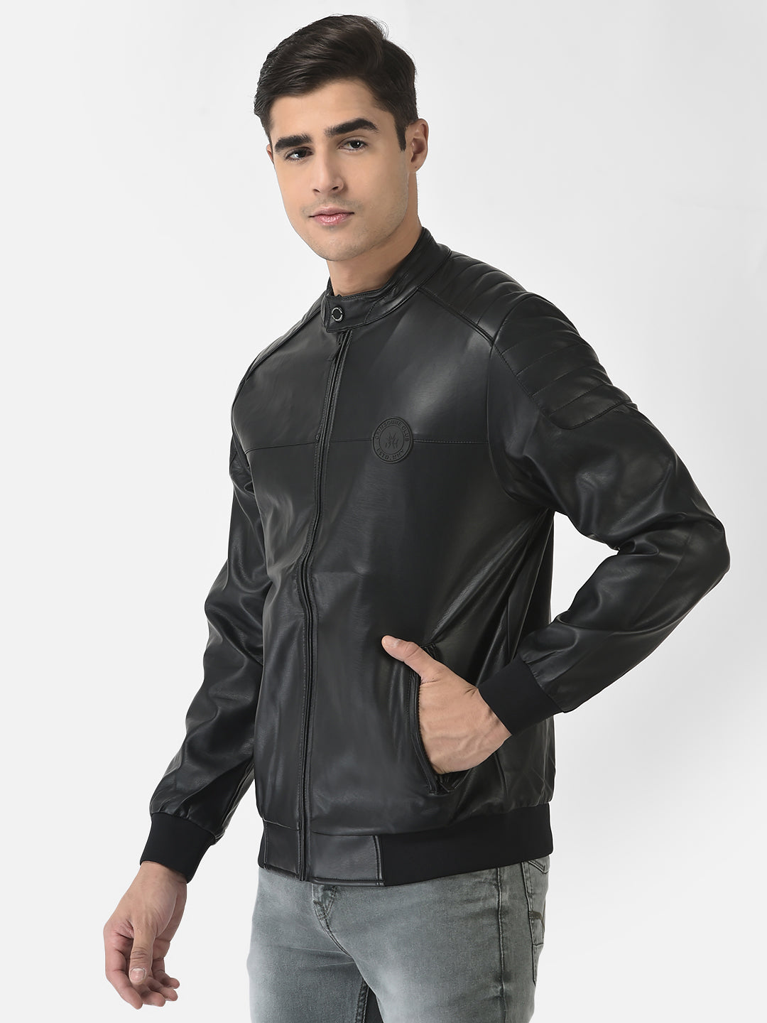  Black Leather Jacket with Logo Work 