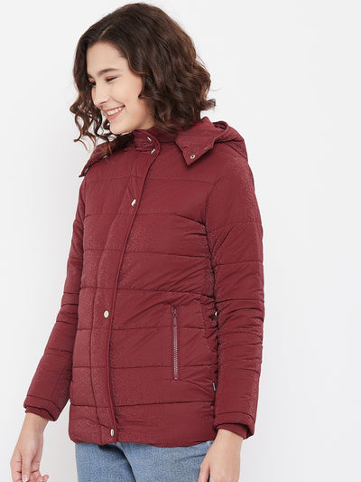 Maroon Detachable Hood Jacket - Women Jackets