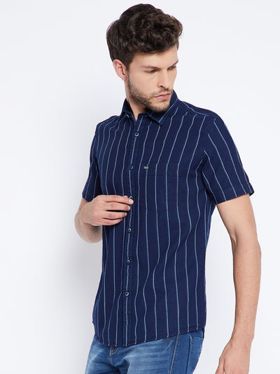 Navy Blue Striped Denim Shirt - Men Shirts