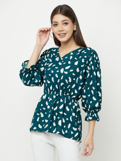 Teal Green Printed V-Neck Empire Top - Women Tops