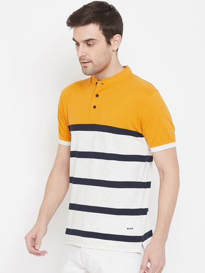 Yellow Striped Mandarin Neck T-Shirt - Men T-Shirts