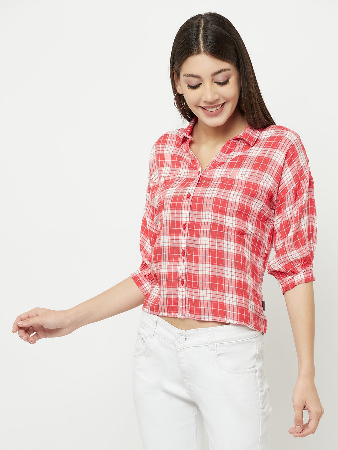 Red Checked Multi Pocket Cropped Shirt - Women Shirts