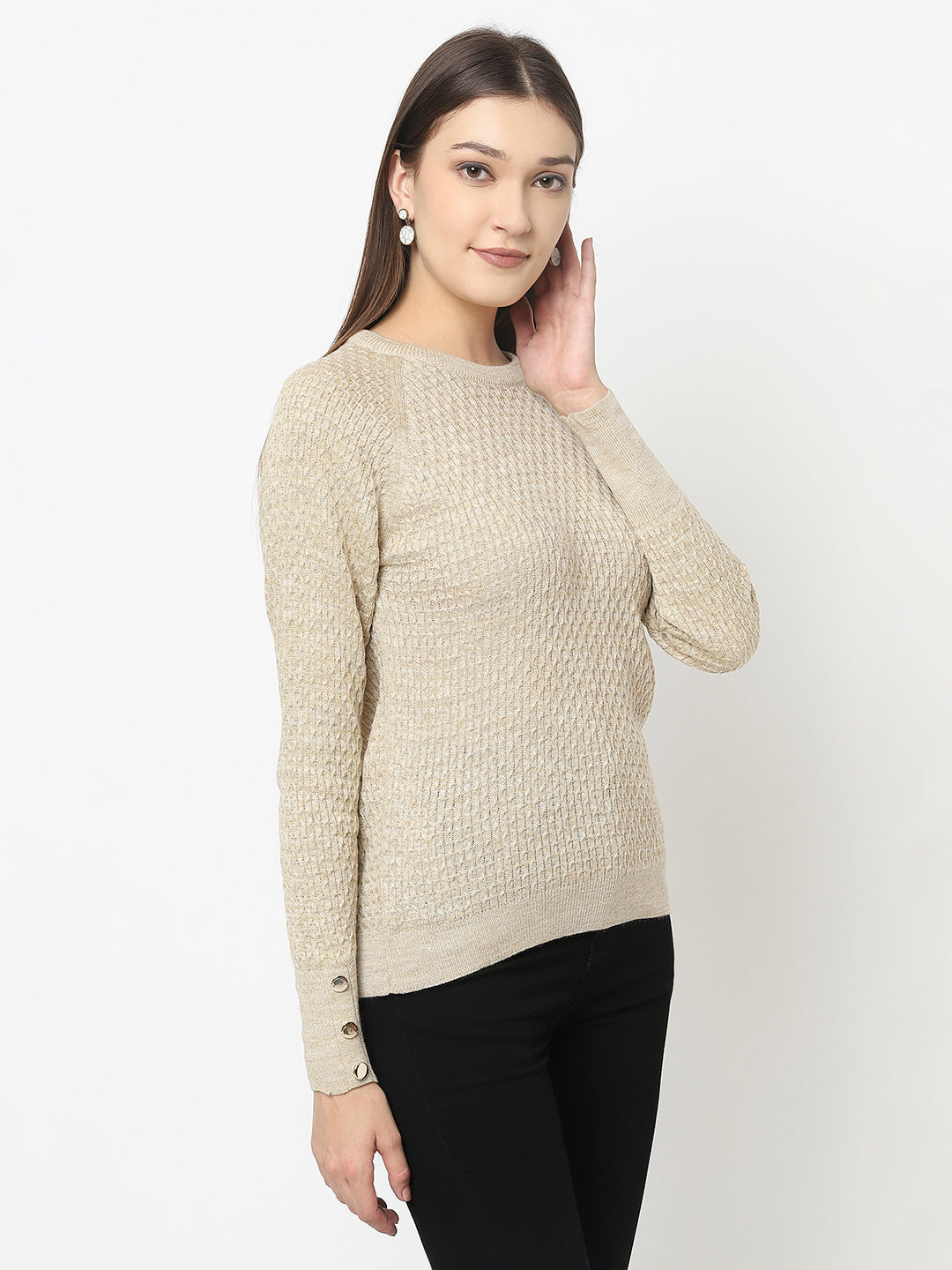 Beige Knitted Sweater with Button Detailing