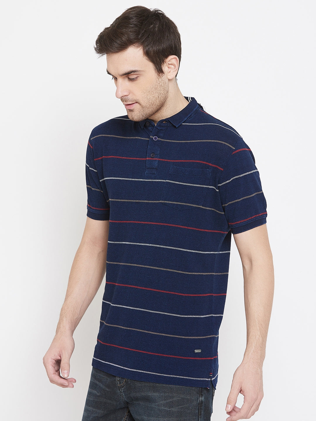 Navy Blue Striped Polo Neck T-Shirt - Men T-Shirts