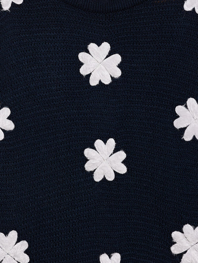 Navy Blue Embroidered Round Neck Sweater - Girls Sweaters