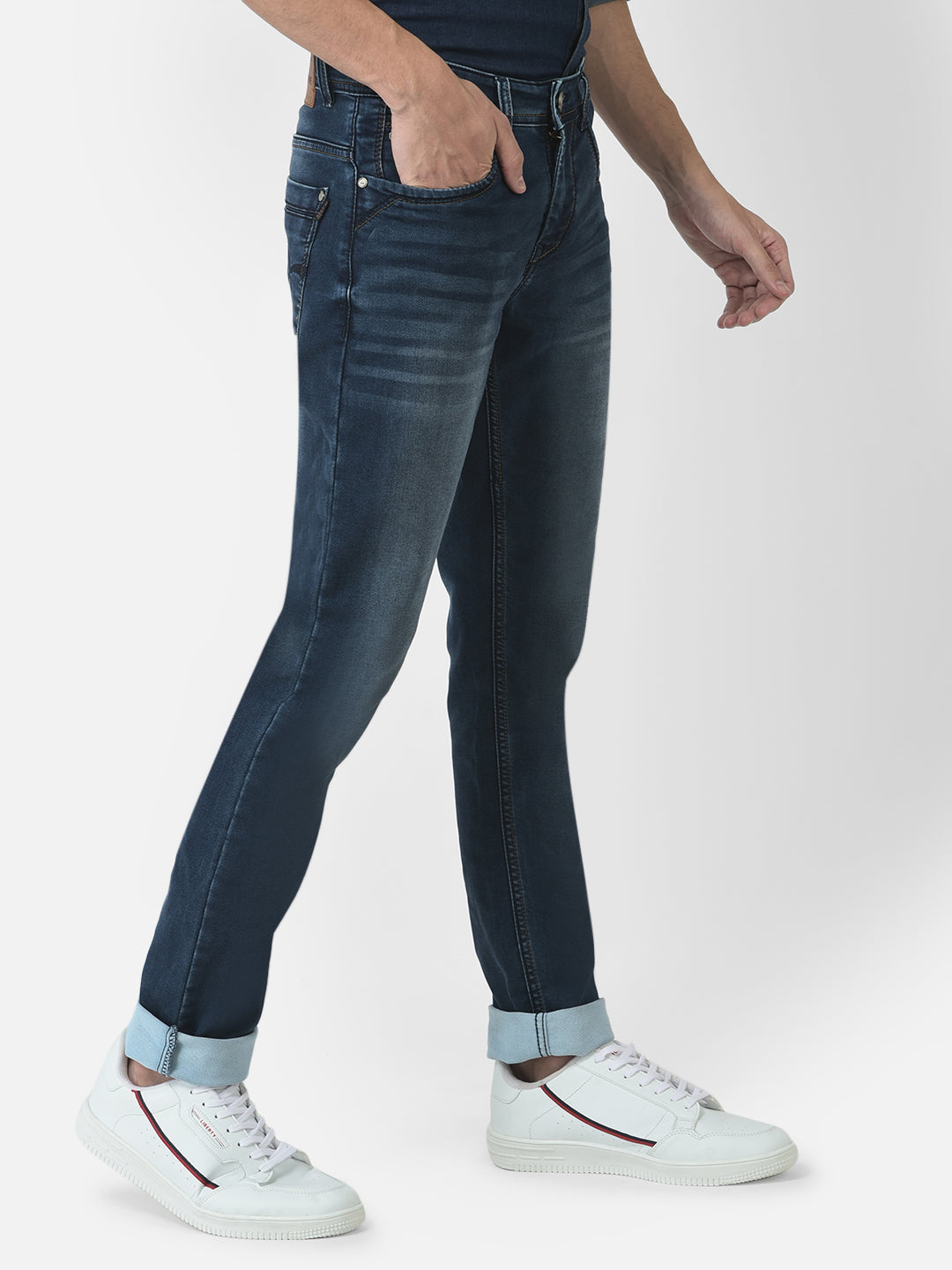 Slim-Fit Jeans with Whiskers and Chevrons Detailing 