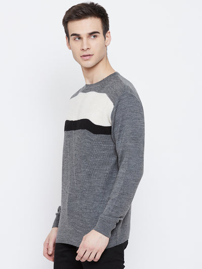 Grey Colorblocked Round Neck Sweater - Men Sweaters