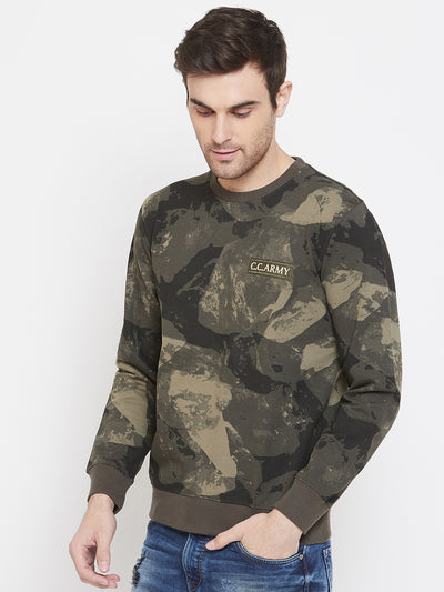 Olive Printed Round Neck Sweatshirt - Men Sweatshirts