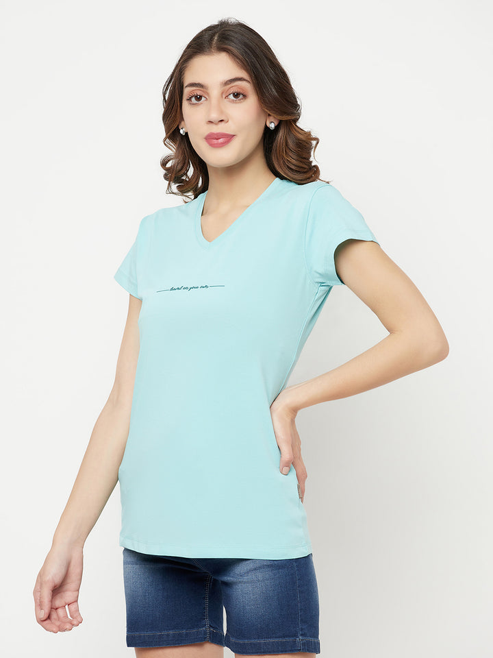 Mint Green Printed V-Neck T-Shirt - Women T-Shirts