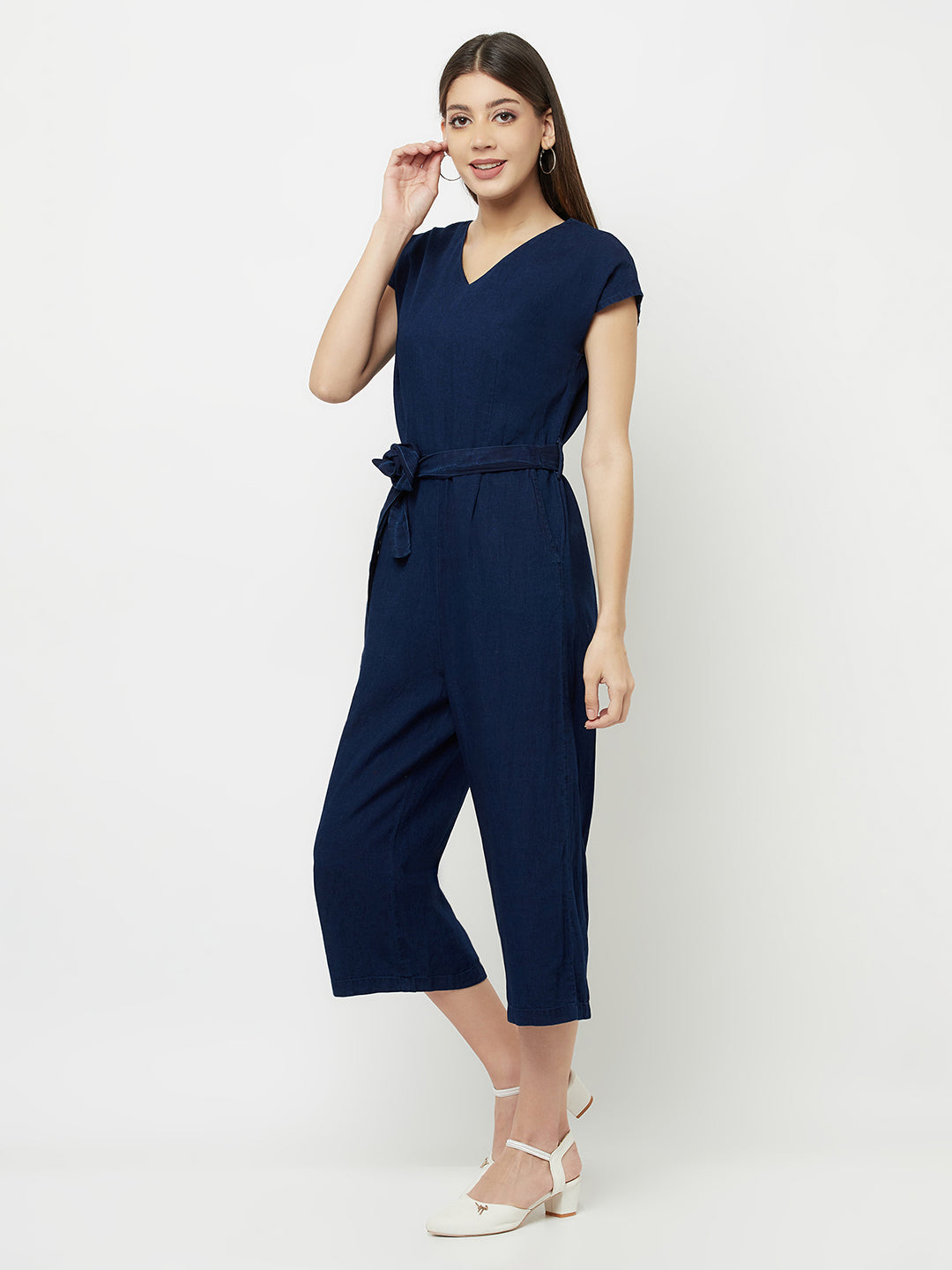 Navy Blue Denim Capri Jumpsuit - Women Jumpsuits