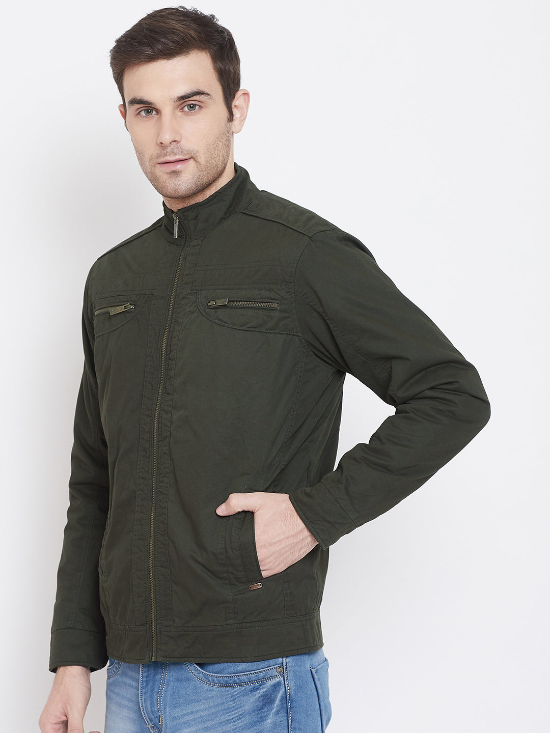 Olive Solid Mandarin Collar Jackets-Mens Jacket-Crimsoune Club