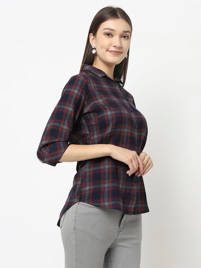 Navy Blue Checked Shirt with Asymmetrical Hemline