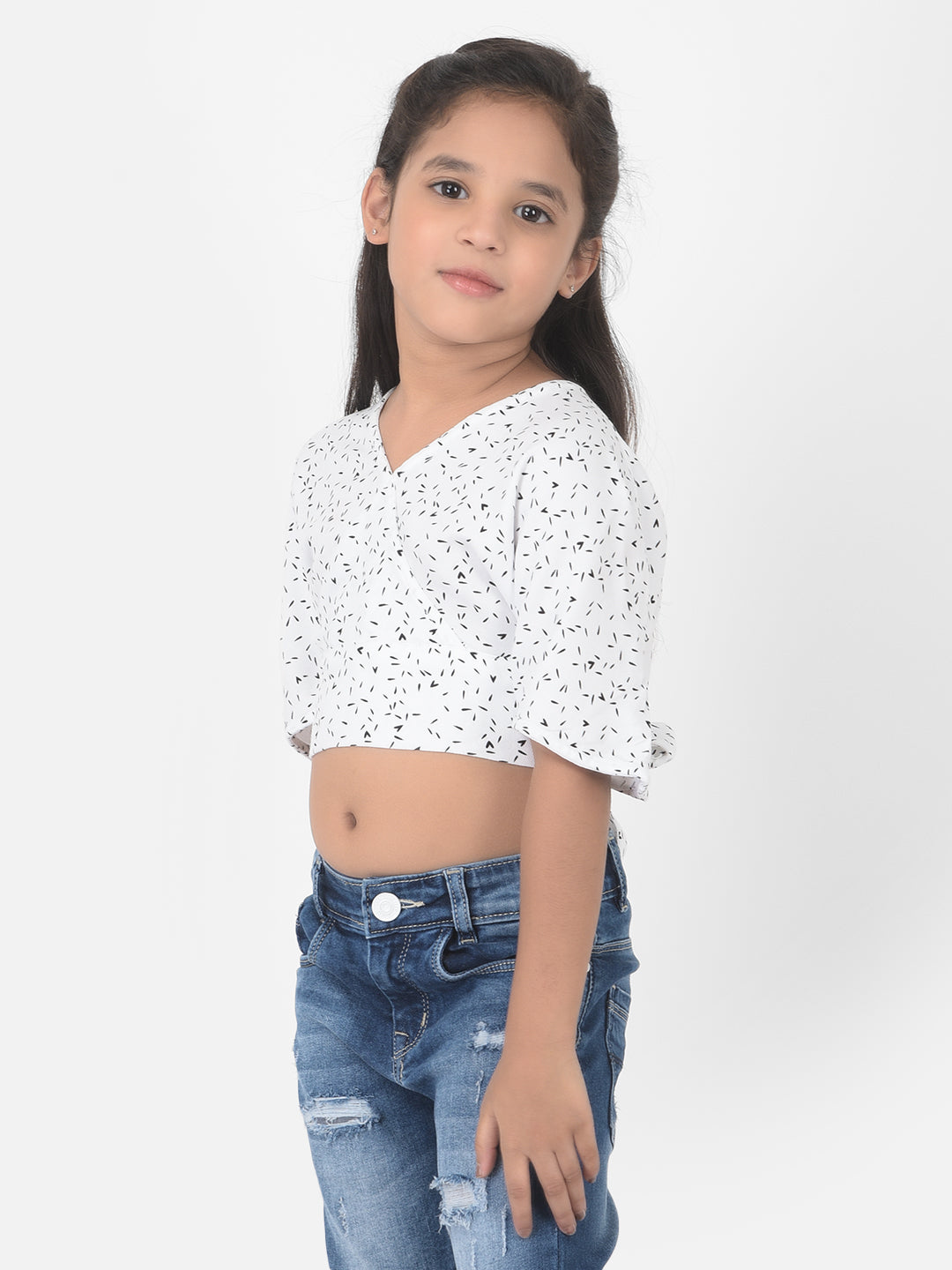 White Printed V-Neck Crop Top - Girls Tops