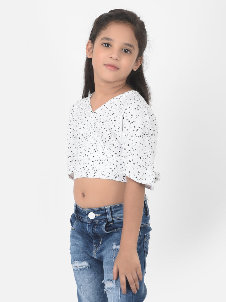 White Printed V-Neck Crop Top - Girls Tops
