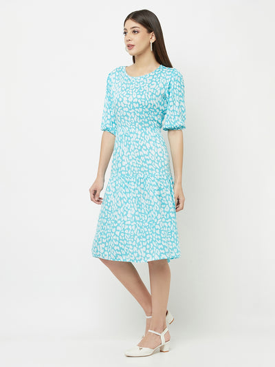 Blue Printed Round Neck Dress - Women Dresses