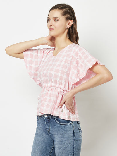 Light Pink Checked Empire Top-Women Tops-Crimsoune Club