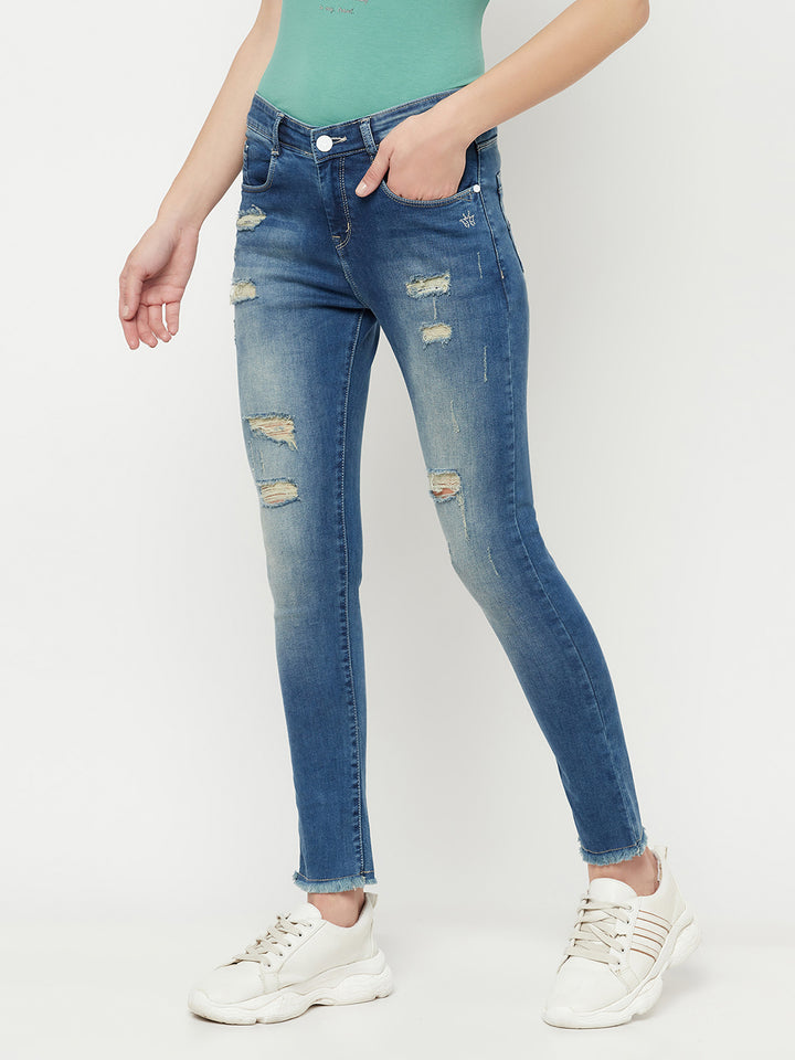 Blue Light Fade Distressed Jeans - Women Jeans