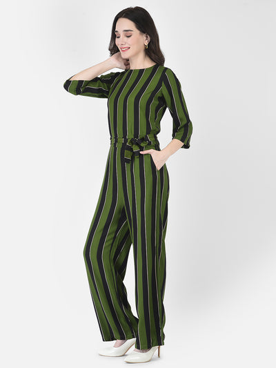 Green Striped Jumpsuit - Women Dungarees