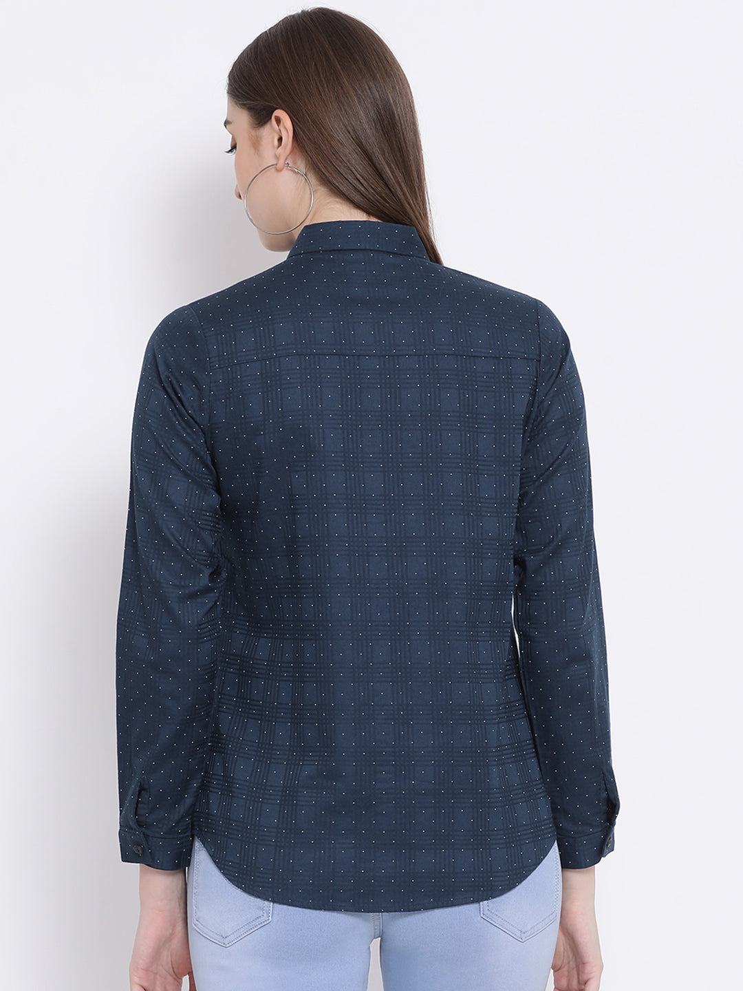 Blue Printed Mandarin Collar Slim Fit Shirt - Women Shirts