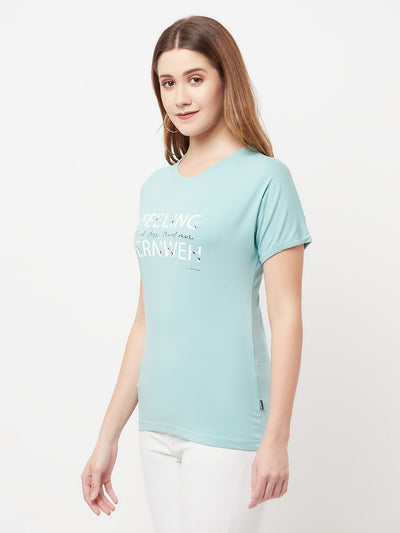 Mint-Green Printed Round Neck T-Shirt - Women T-Shirts