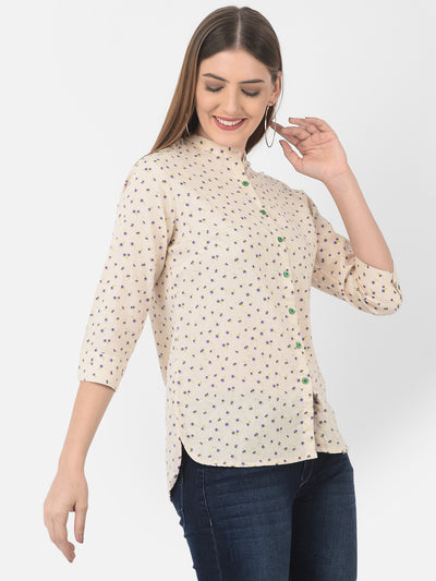 Beige Floral Printed Linen Mandarin Collar Shirt - Women Shirts