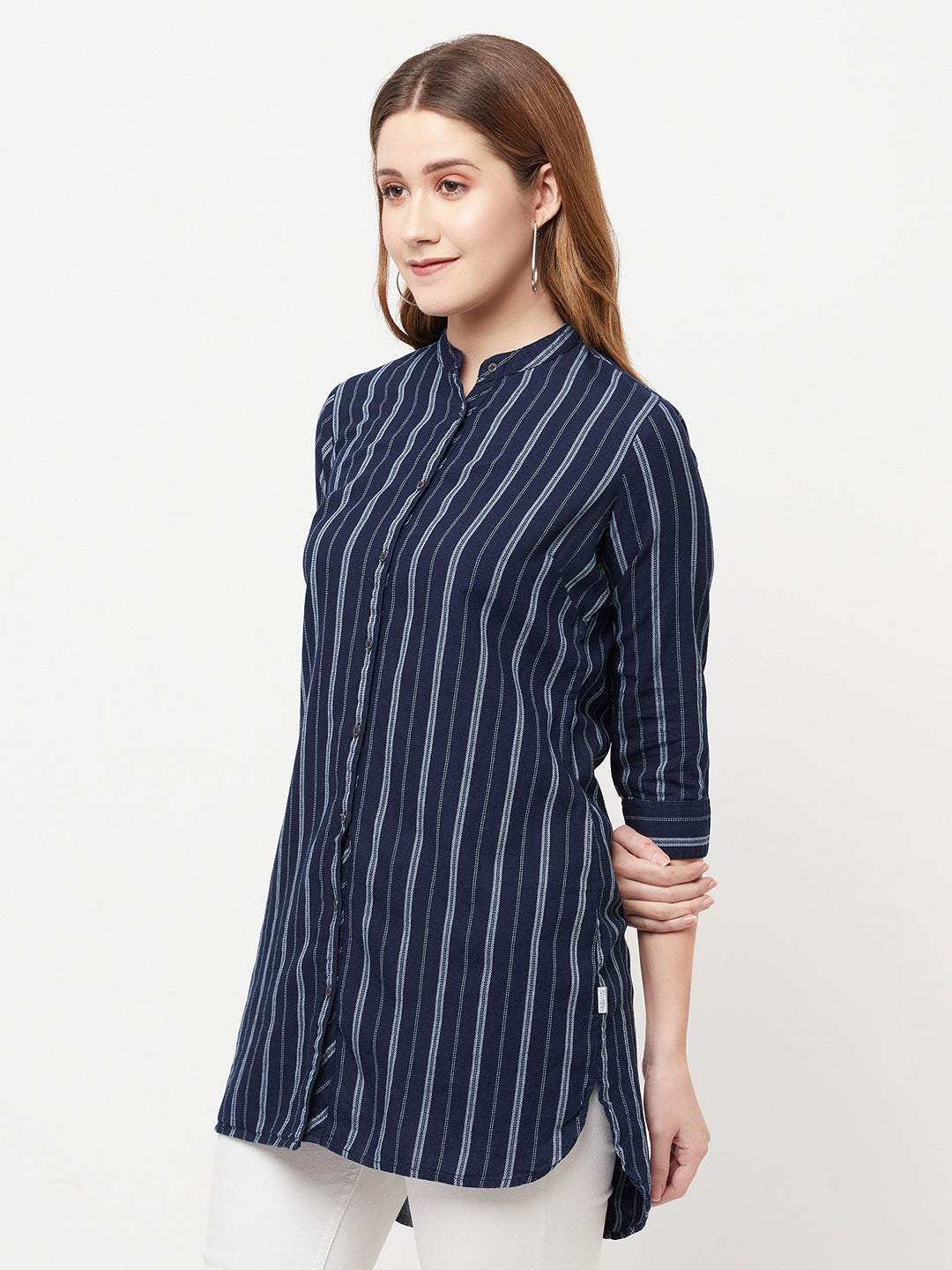 Navy Blue Striped Longline Shirt - Women Shirts