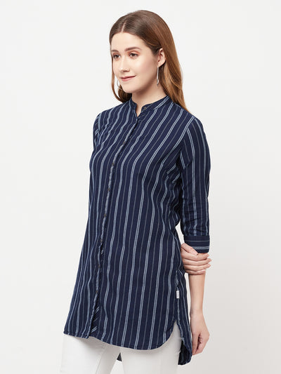 Navy Blue Striped Longline Shirt - Women Shirts