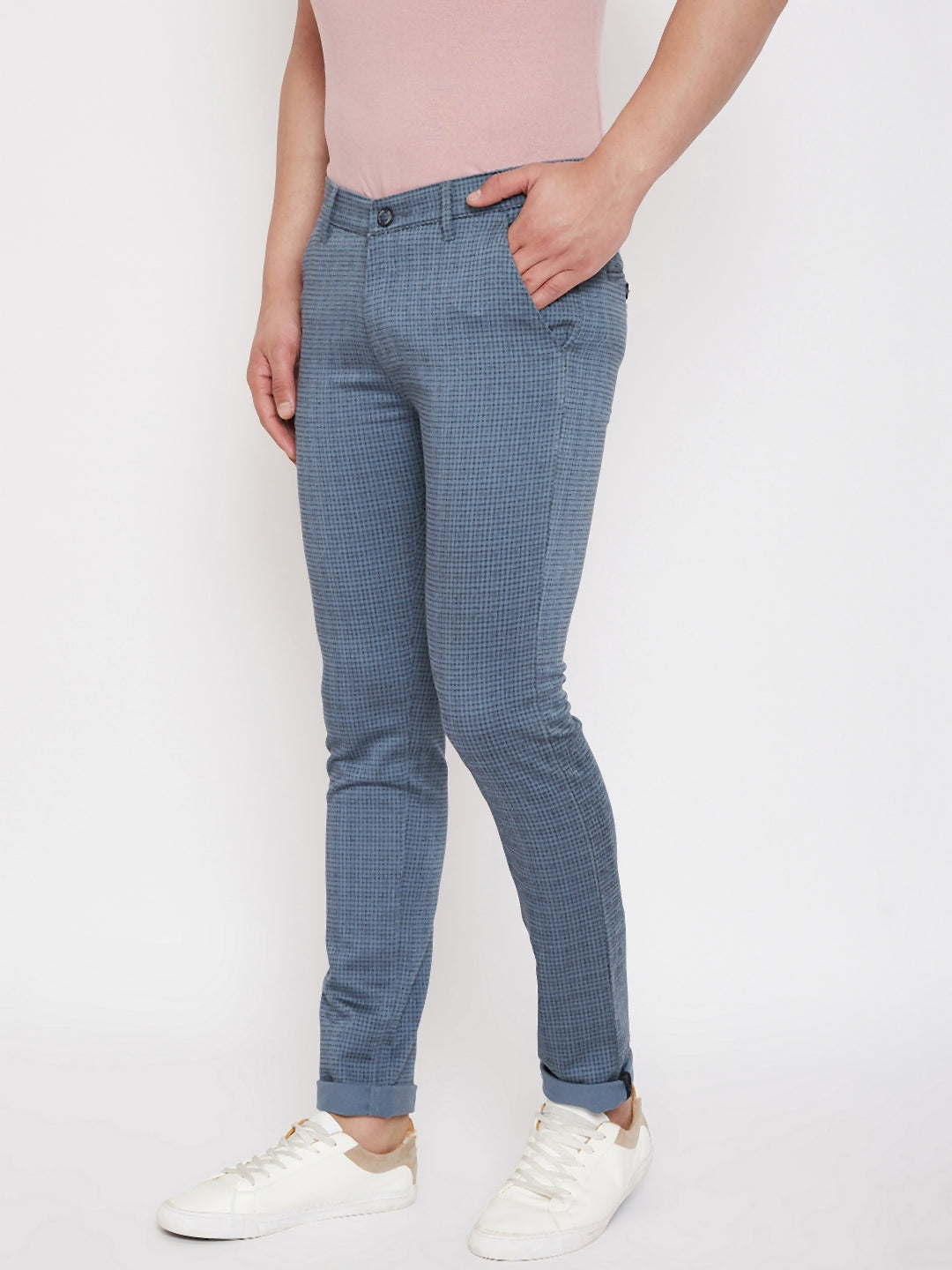 Blue Slim Fit Checked Trousers - Men Trousers