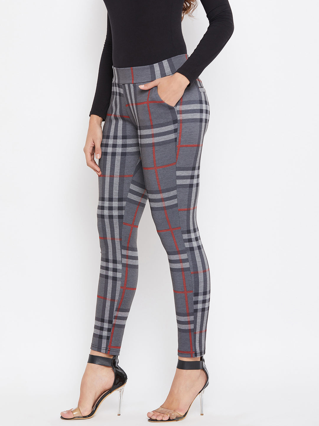 Plain Checked Skinny fit Pants - Women Trousers