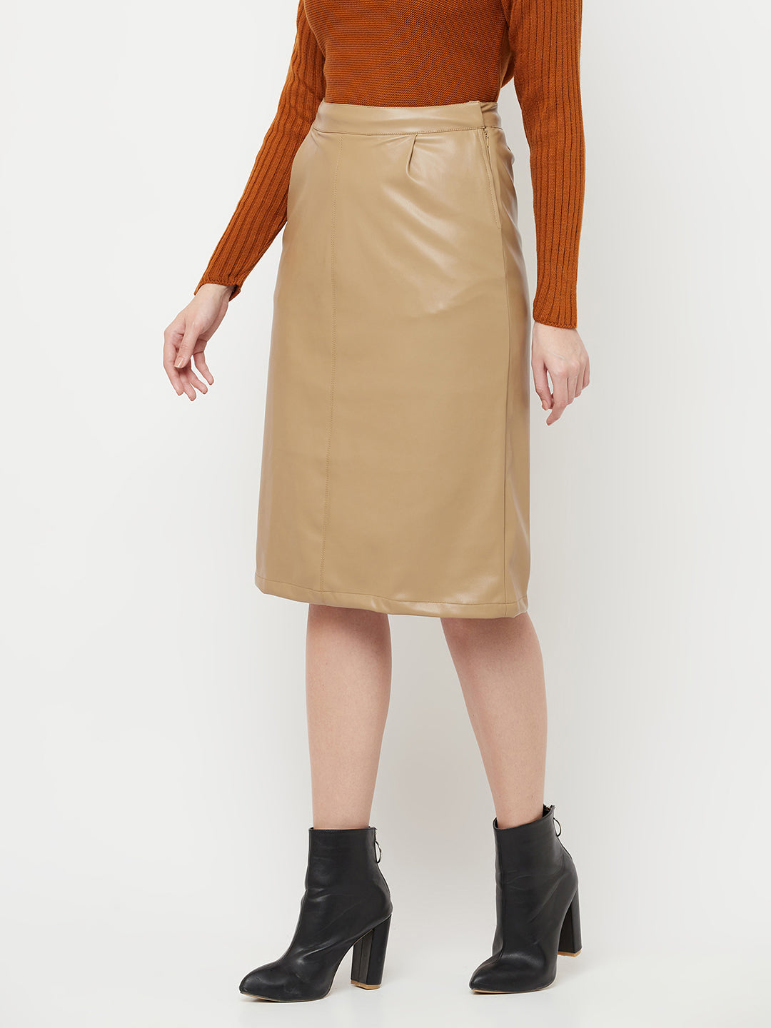 Beige Midi A-Line Leather Skirt - Women Skirts