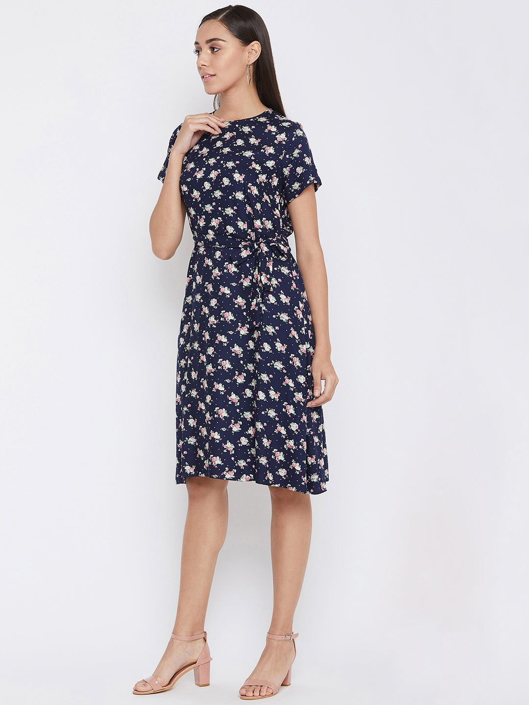 Navy Blue Floral Print Dress - Women Dresses