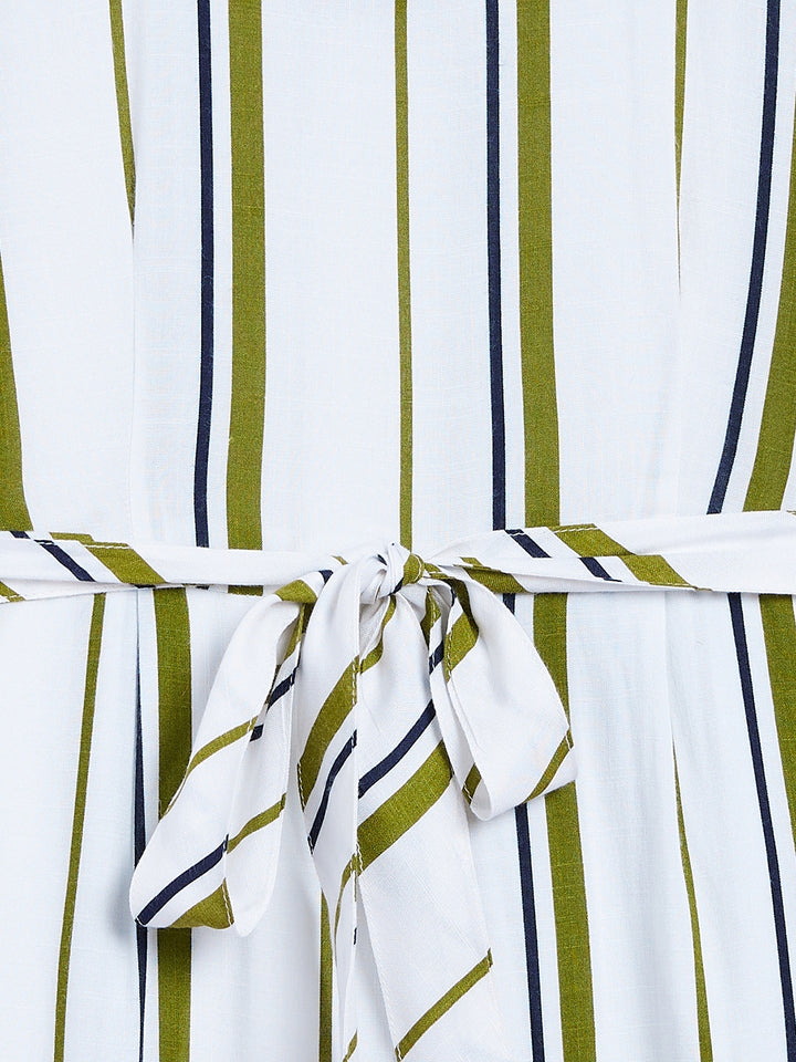 Green Striped Round Neck Jumpsuit - Girls Jumpsuit