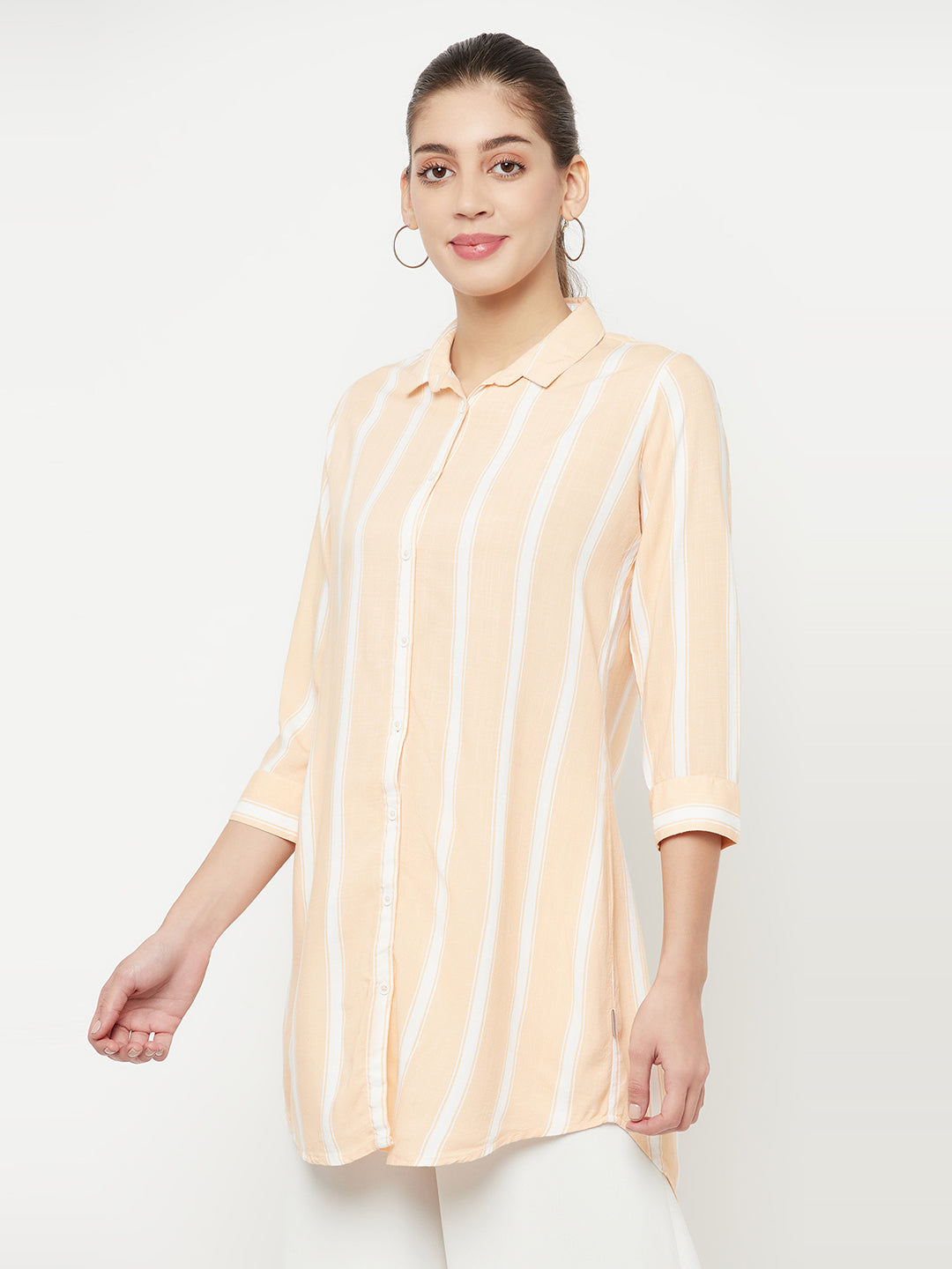 Peach Striped Longline Shirt - Women Shirts