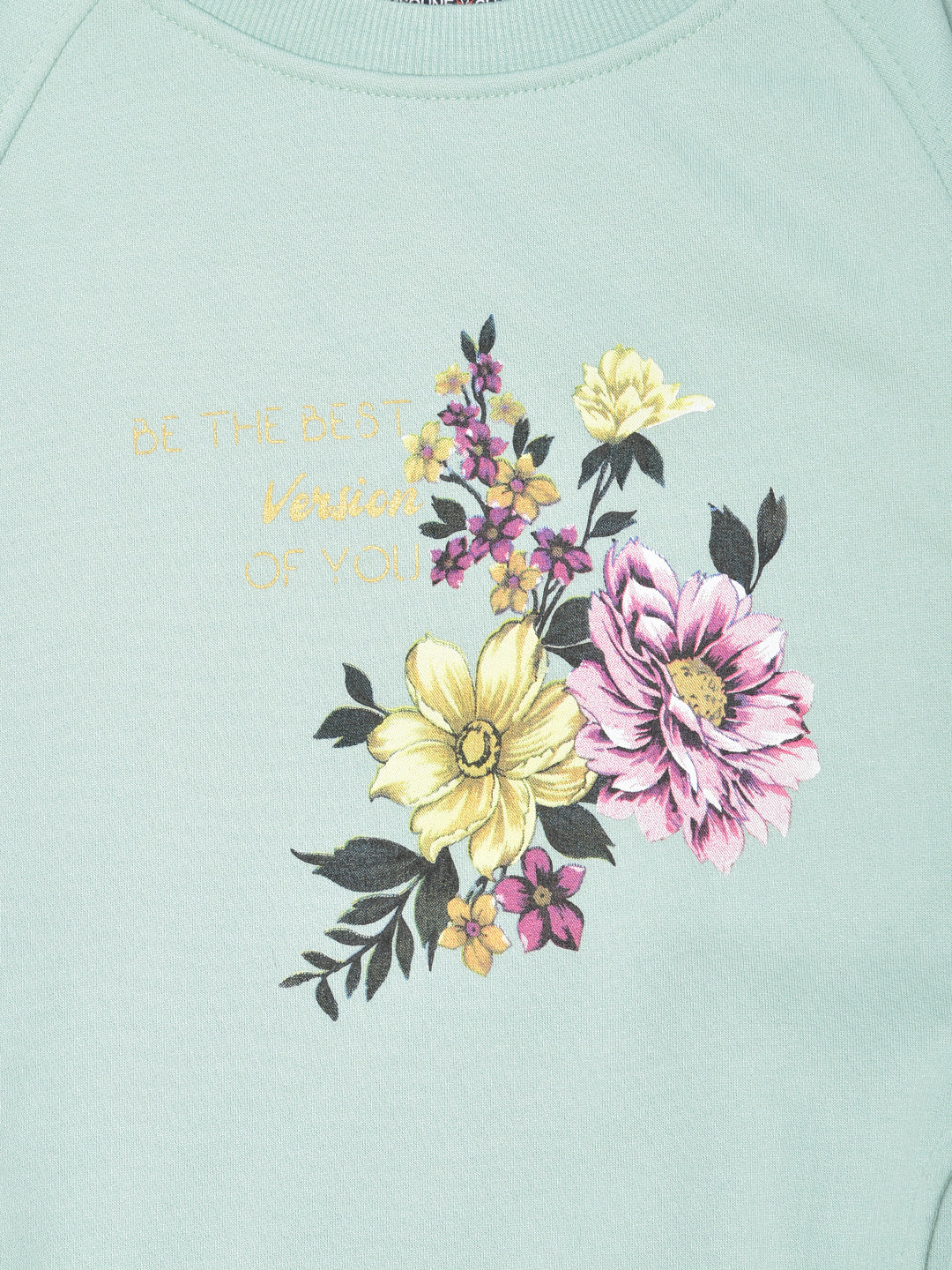 Mint Green Printed Round Neck Sweatshirt - Girls Sweatshirts