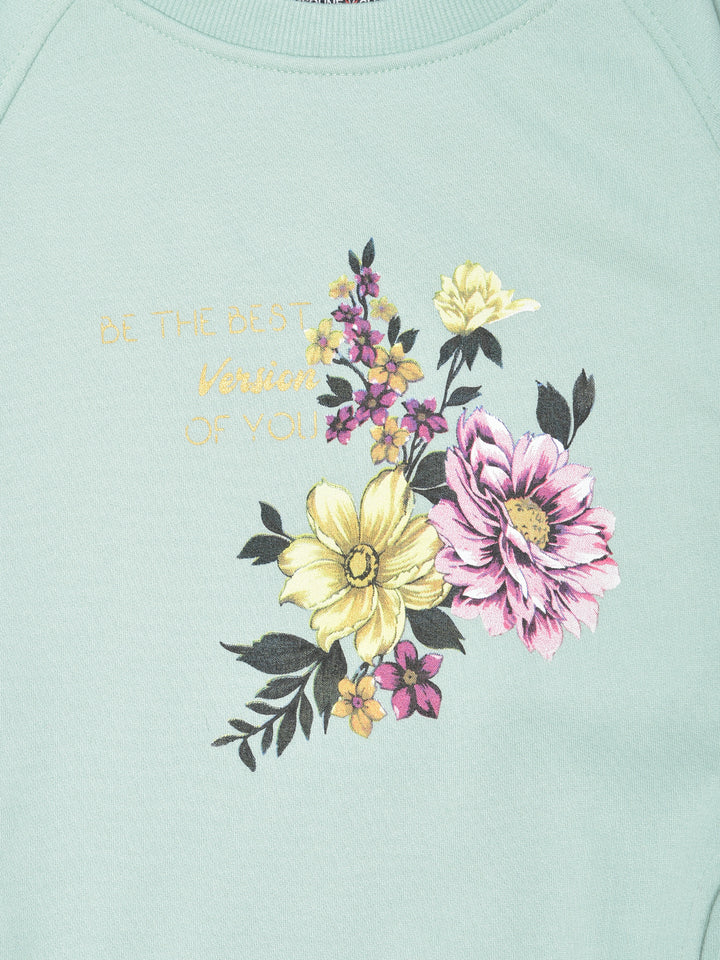 Mint Green Printed Round Neck Sweatshirt - Girls Sweatshirts