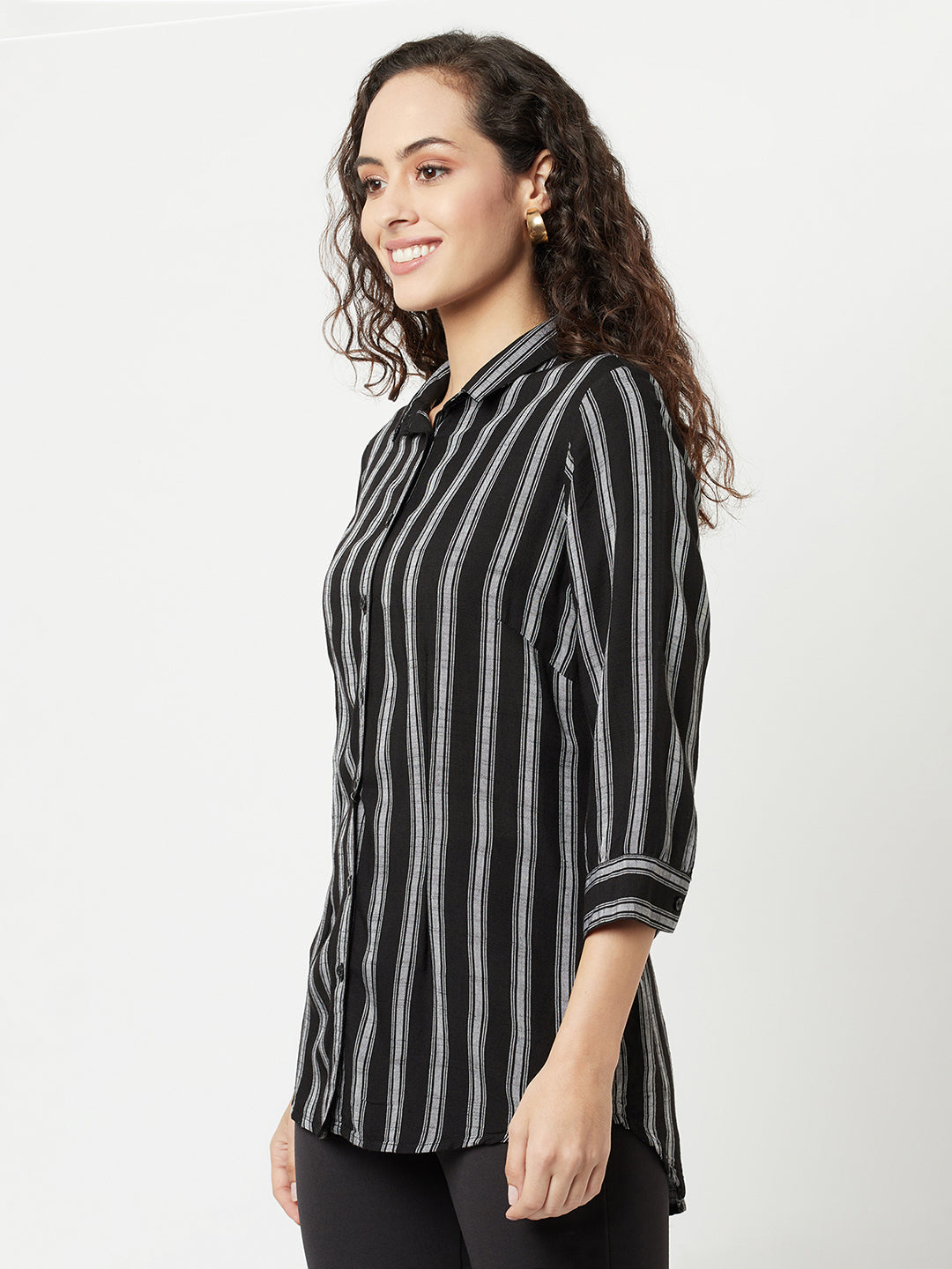 Black Striped High-Low Shirt-Women Shirts-Crimsoune Club