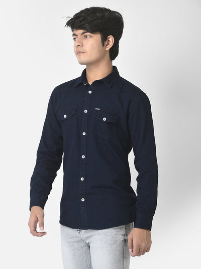  Navy Blue Slim Denim Shirt