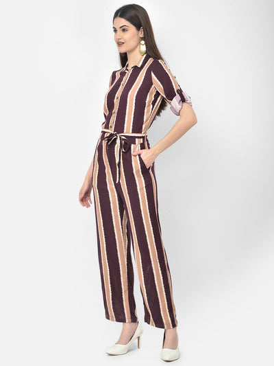Maroon Striped Spread Collar Jump Suit - Women Jumpsuits