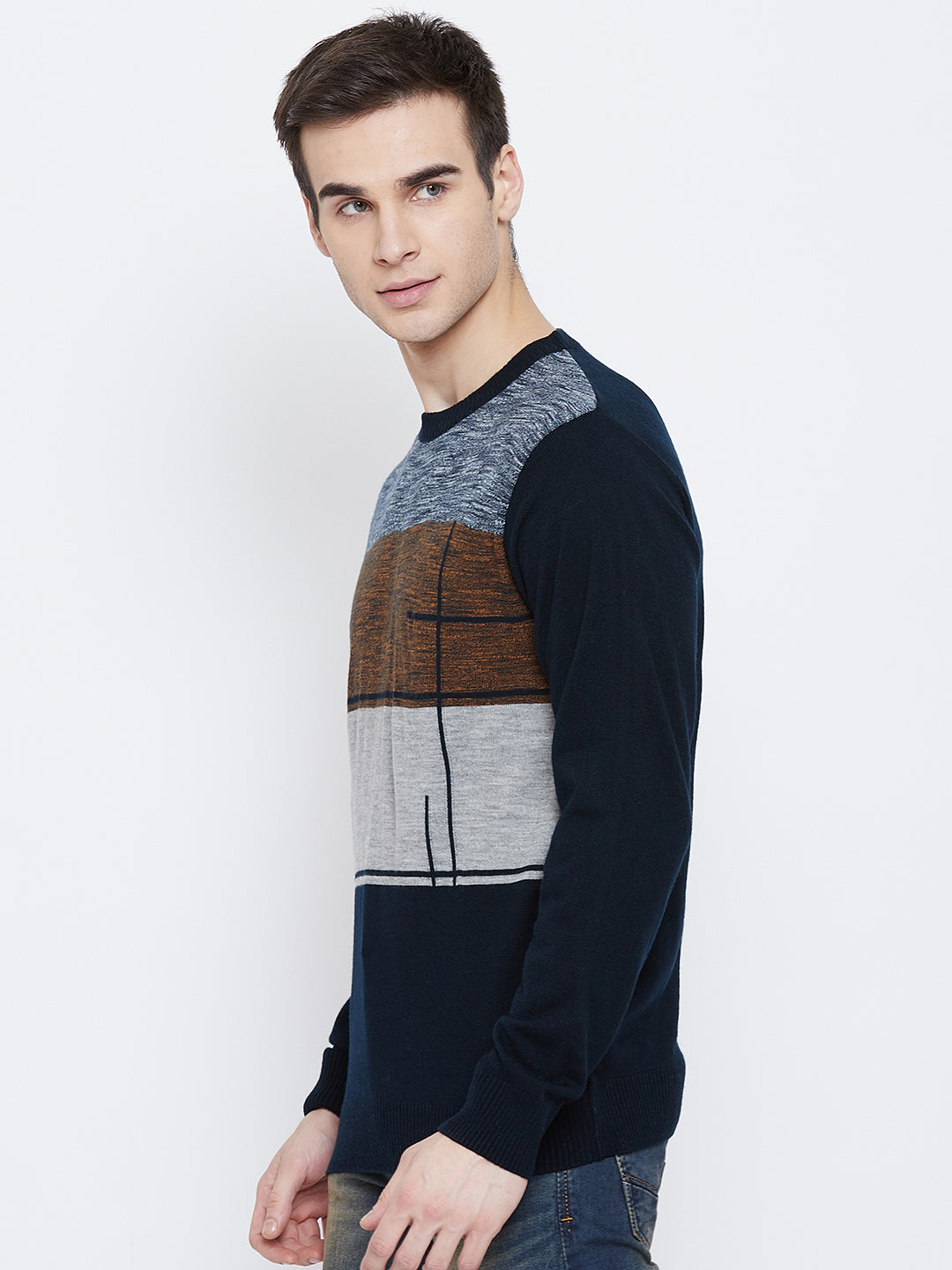 Navy Blue Colorblocked Round Neck Sweater - Men Sweaters