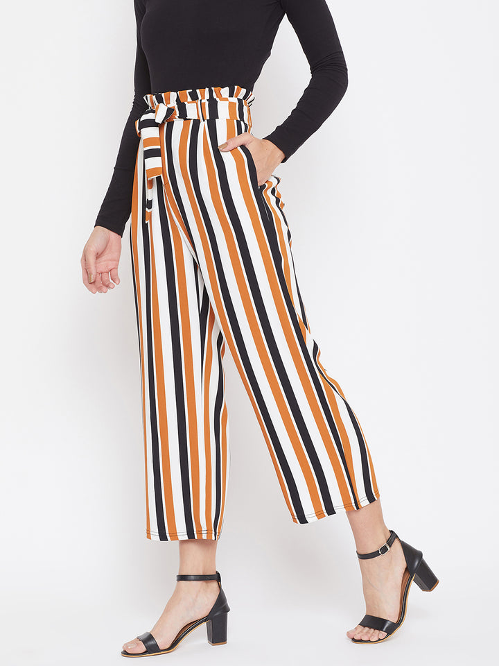 Striped Paperbag Trouser with Belt - Women Trousers