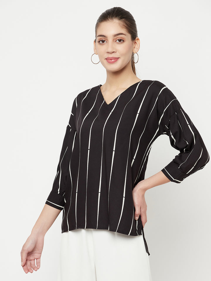 Black Striped V-Neck Top - Women Tops